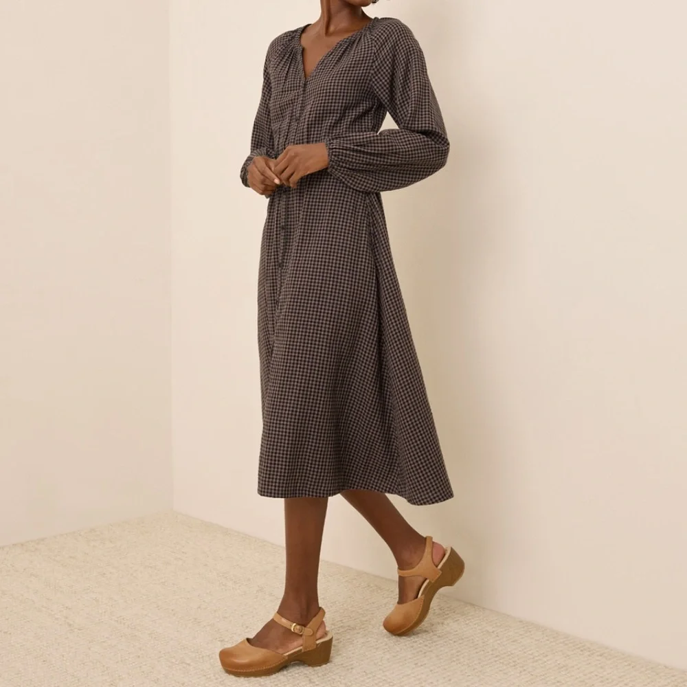 Pact Coastal Double Guaze Poet Sleeve Dress in Autumn Gingham - Picture 3 of 6